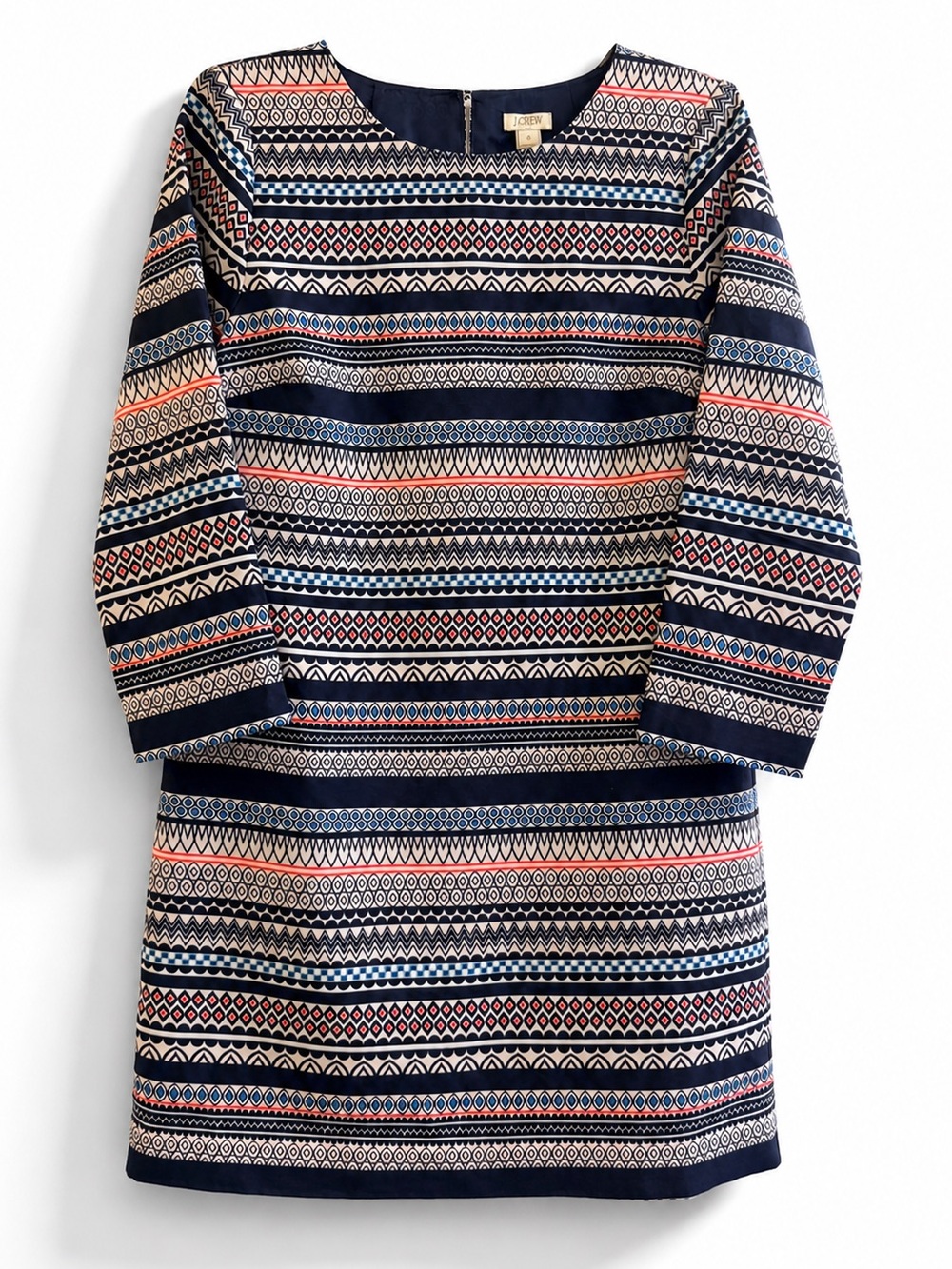 J.Crew Geometric Print Shift Dress Navy Pink Stripe 3/4 Sleeve - Size 4
